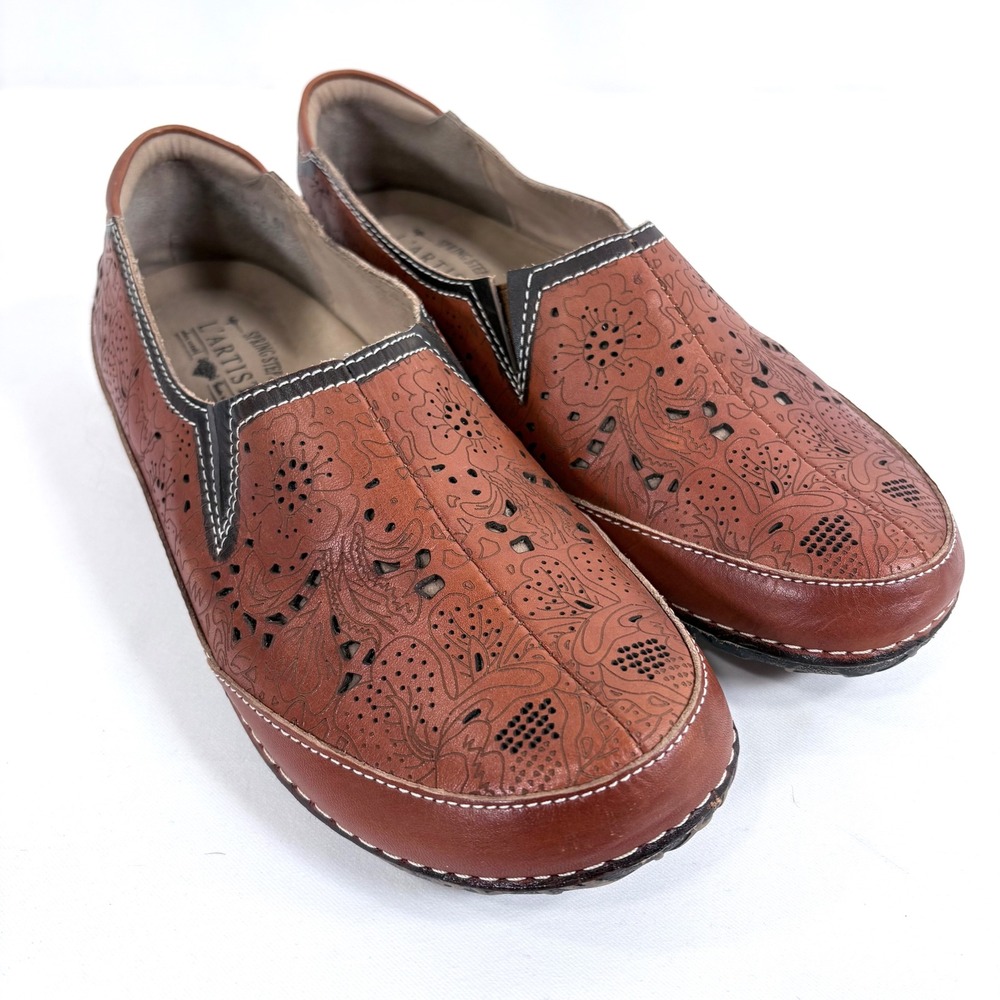 Spring Step L'Artiste Libora Loafers Tan Leather Floral Cut Shoes US 9.5 EU 41